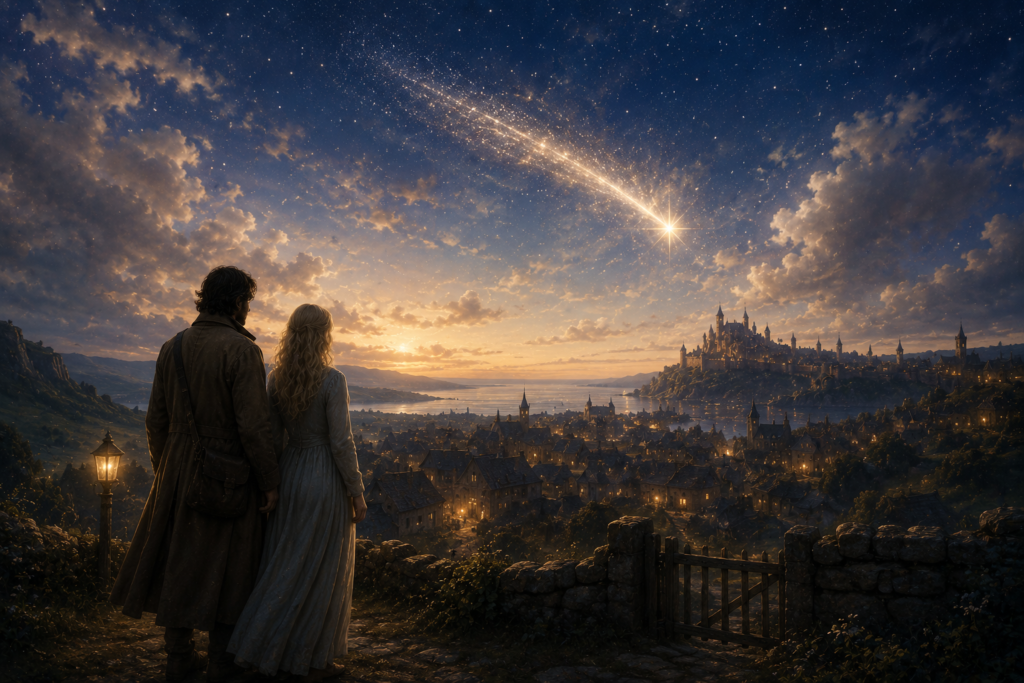 warm fantasy landscape inspired by Stardust with a glowing star crossing the sky above a magical kingdom
