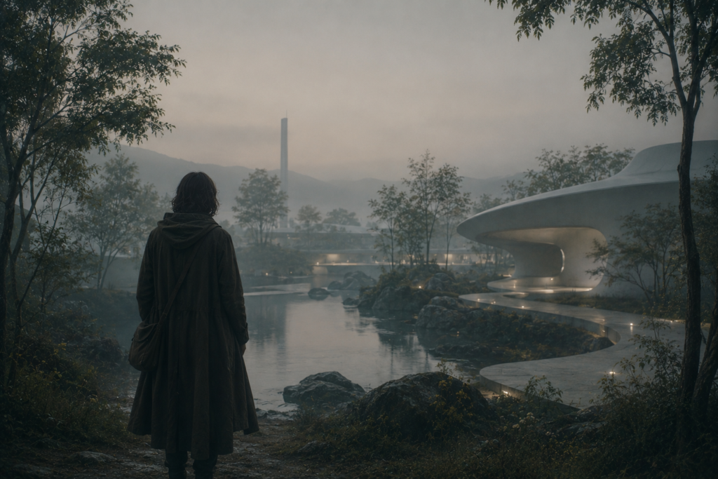 A cinematic futuristic landscape with misty water, minimal architecture, and a lone traveler in a quiet emotional atmosphere.