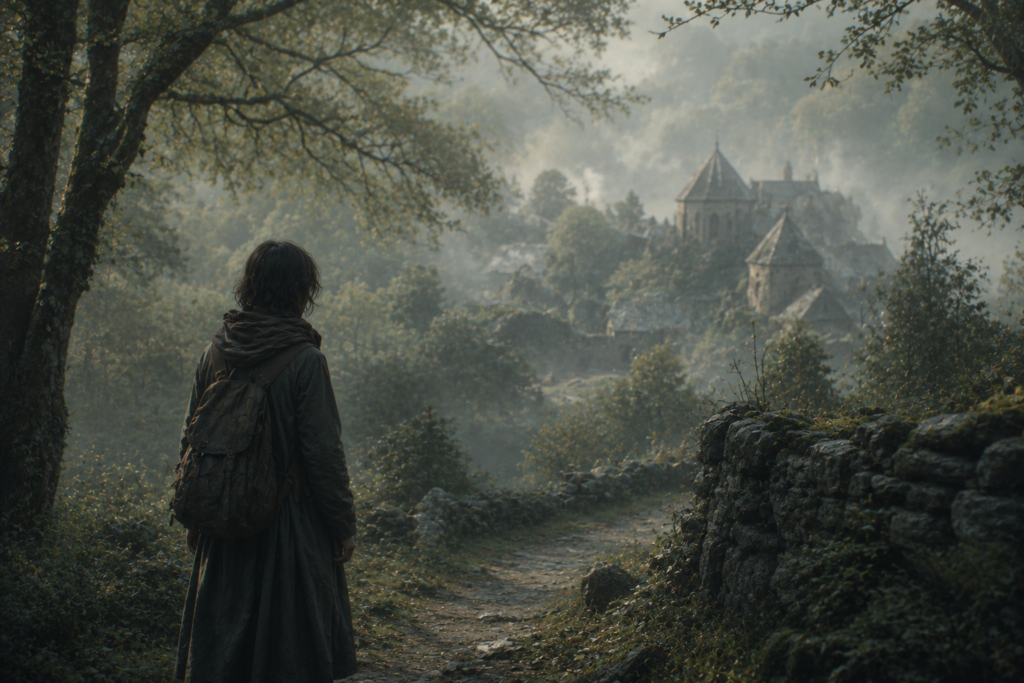A calm fantasy landscape with misty forests, distant stone buildings, and a quiet cinematic atmosphere inspired by ancient fantasy worlds.