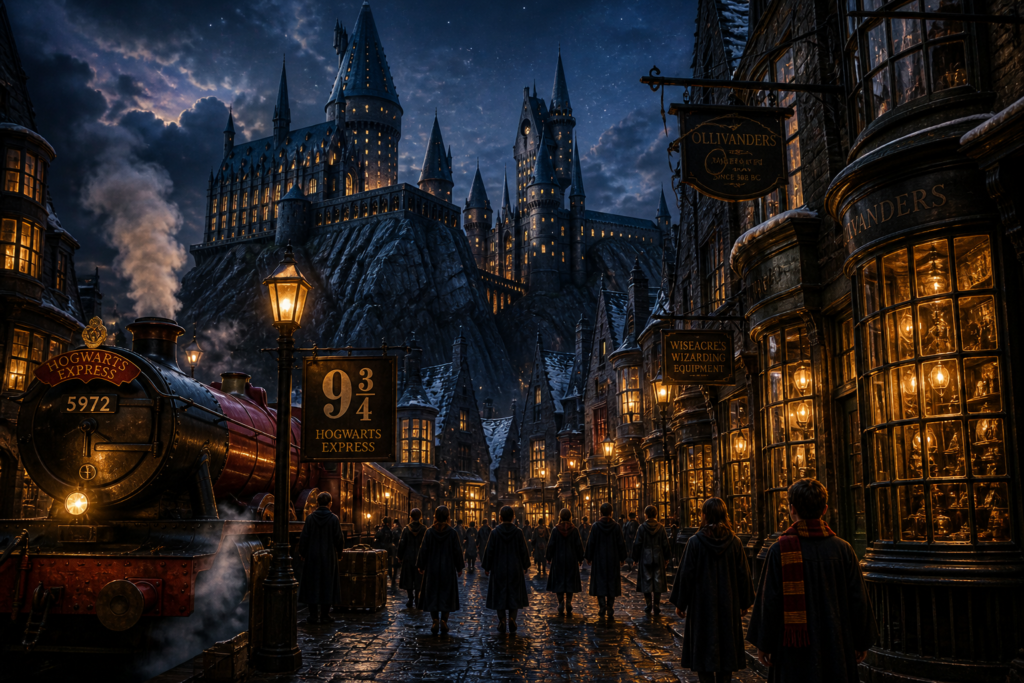 magical fantasy city at night with glowing lights, wizard school castle in the background, students walking through a cobblestone street