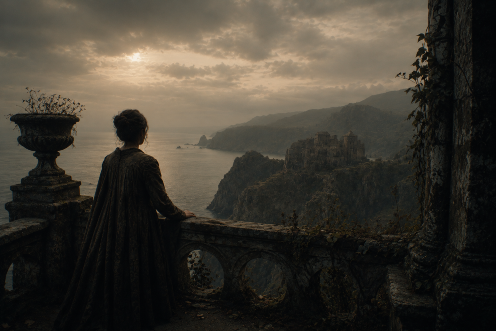A dark fantasy landscape with ancient cliffside ruins, soft mist, and a calm cinematic atmosphere.