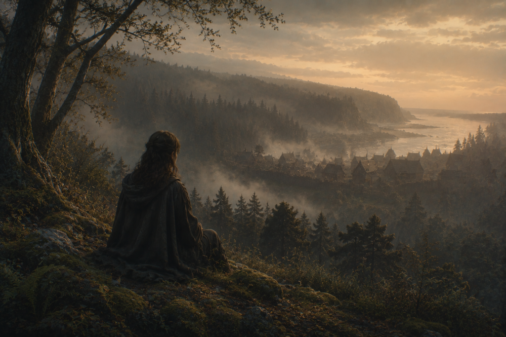 A cinematic fantasy landscape with misty forests, distant village lights, and a quiet atmospheric mood.