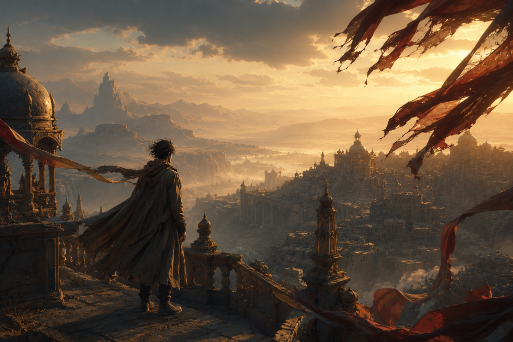 A cinematic fantasy landscape with golden desert ruins, distant towers, and a lone traveler in a calm immersive atmosphere.