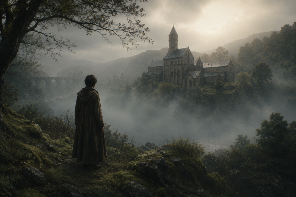 A calm fantasy landscape with misty forests, an ancient stone abbey, and a cinematic atmosphere.