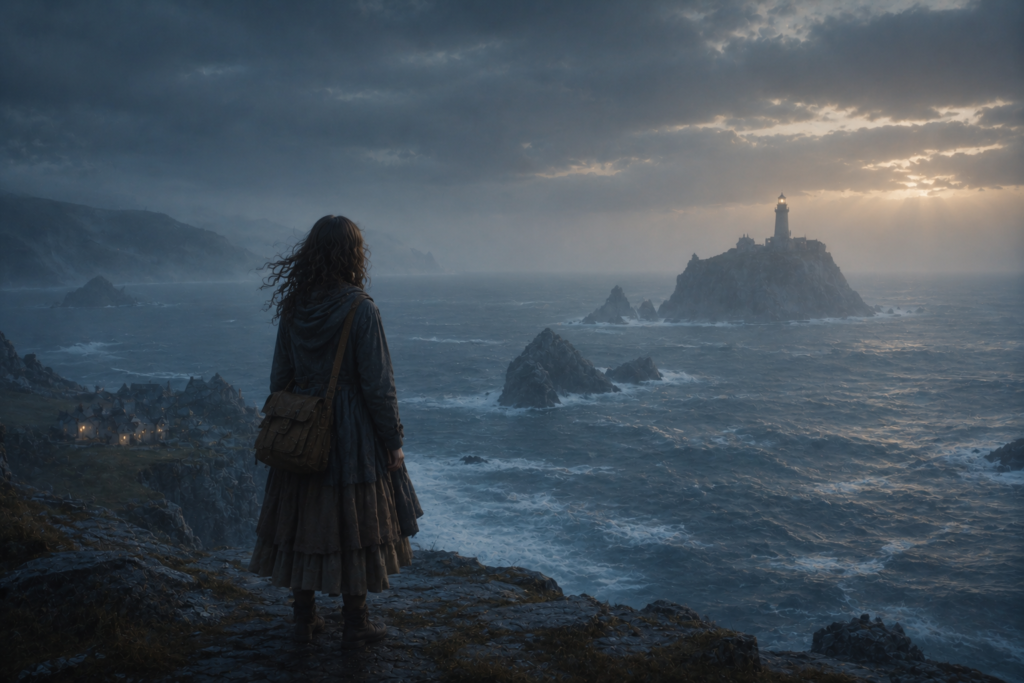 A calm fantasy seascape with foggy cliffs, distant lighthouse lights, and a cinematic magical atmosphere.