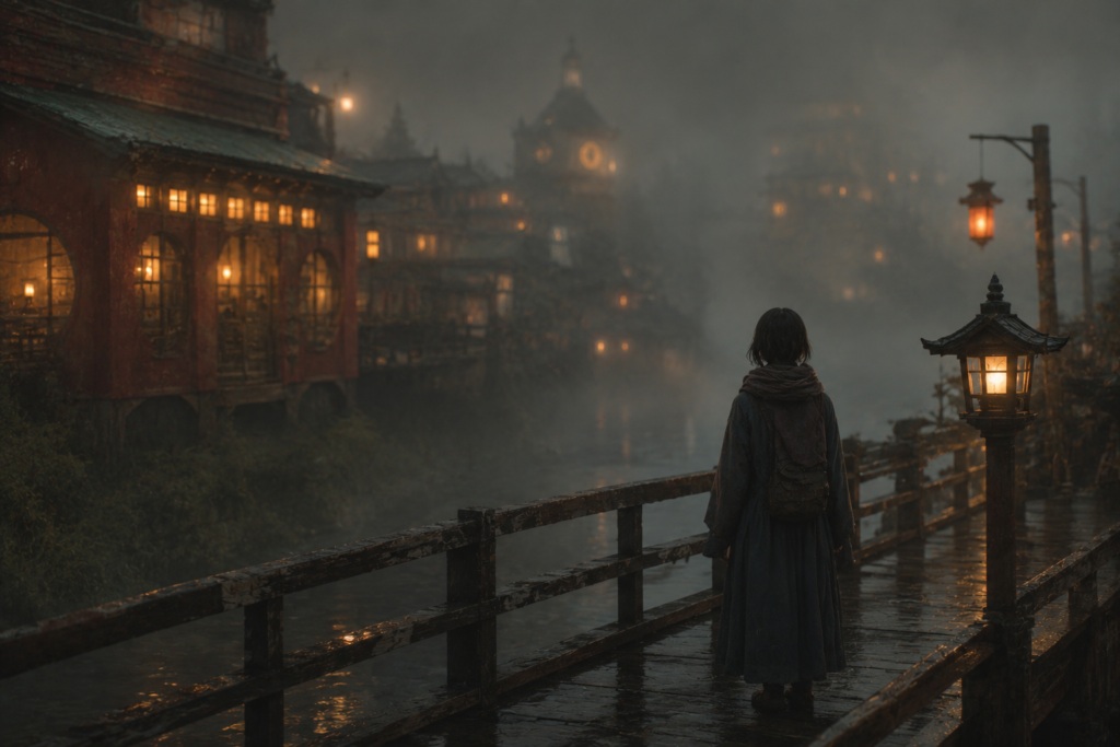 A quiet fantasy riverside town with soft mist, warm lantern lights, and a calm cinematic atmosphere inspired by emotional fantasy worlds.