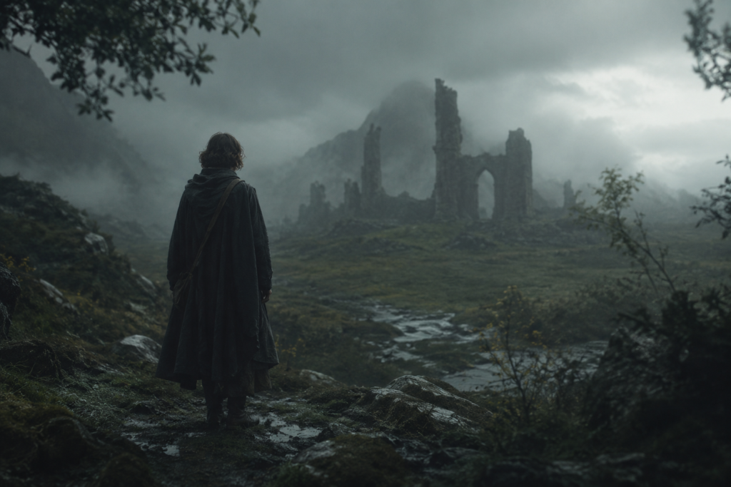 A dark atmospheric fantasy landscape with misty ruins and a lone traveler in a calm cinematic mood.