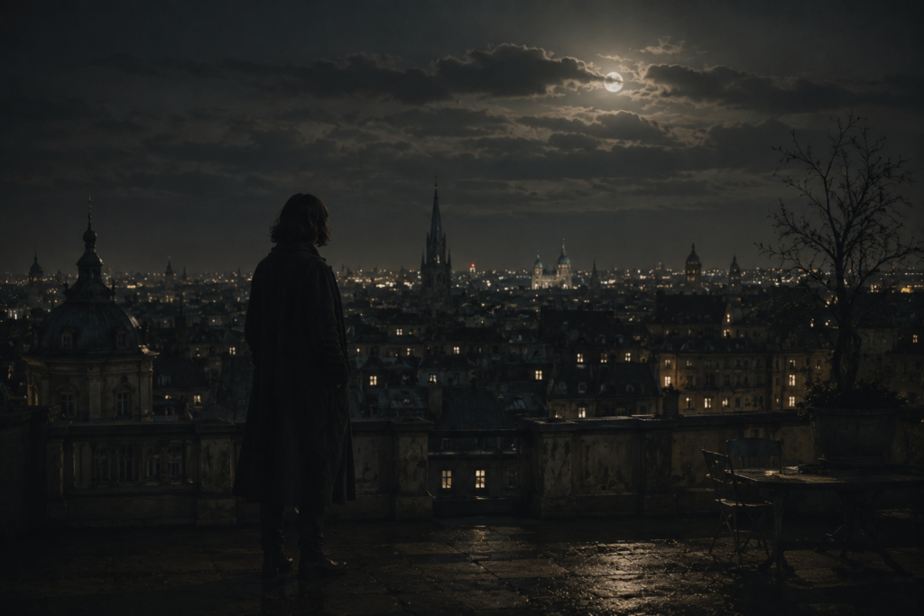 A dark cinematic night landscape with a lone traveler overlooking a quiet city under soft moonlight.
