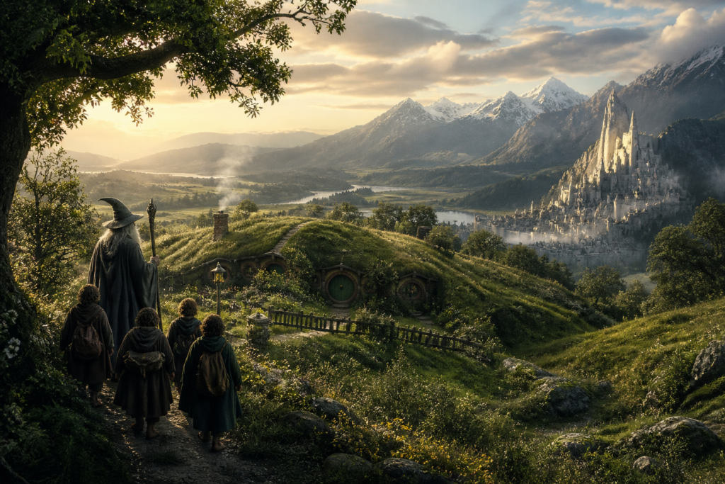 quiet fantasy village landscape with rolling green hills, small hobbit-like homes, a wizard and travelers walking toward a distant castle