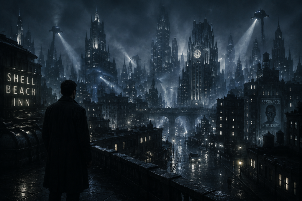 dark noir sci fi city inspired by Dark City with a lone figure overlooking a rainy futuristic skyline