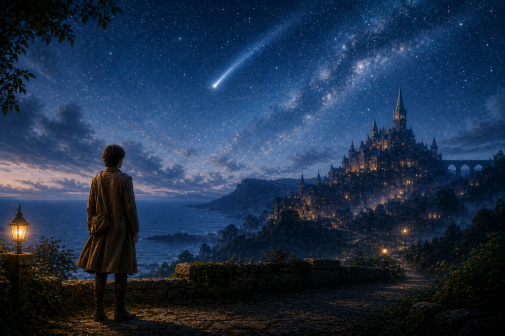 dreamlike fantasy kingdom beneath a glowing starry night atmosphere