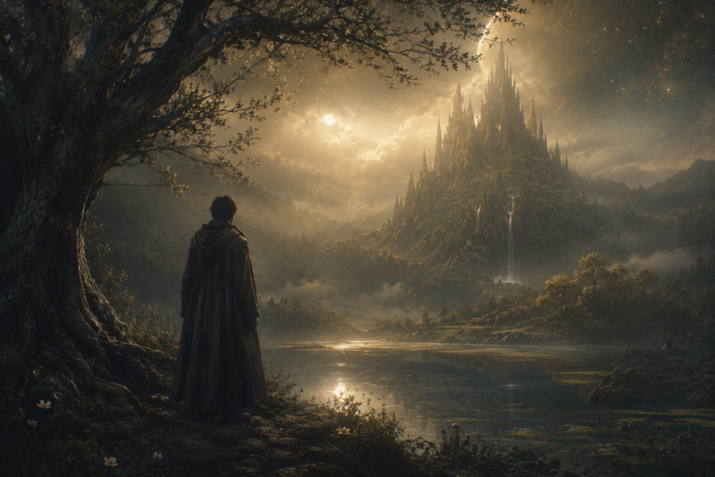 A calm fantasy world with soft golden mist, distant towers, and a cinematic atmospheric landscape.