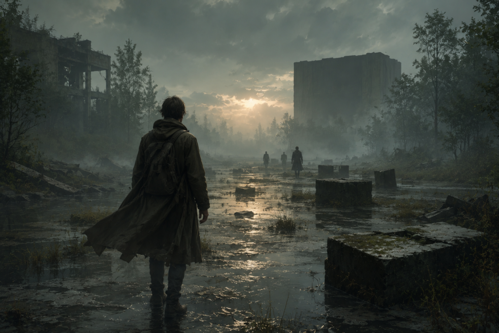 A cinematic post-apocalyptic fantasy landscape with fog, abandoned ruins, and a lone traveler in a quiet immersive atmosphere.