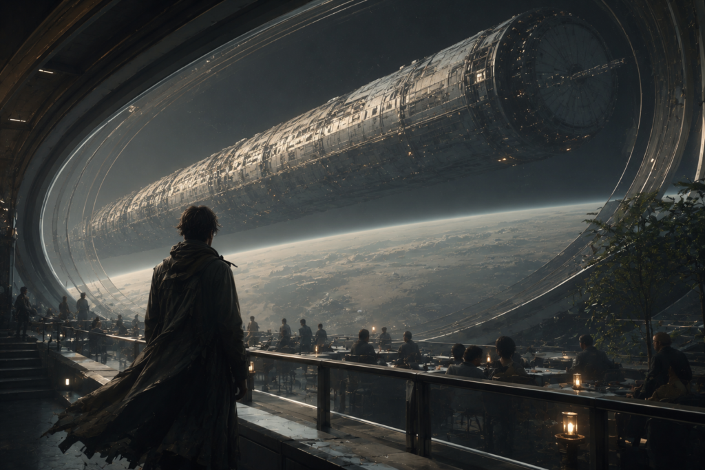 A cinematic sci-fi atmosphere with a massive spacecraft, distant planets, and a lone traveler inside a quiet immersive space world.
