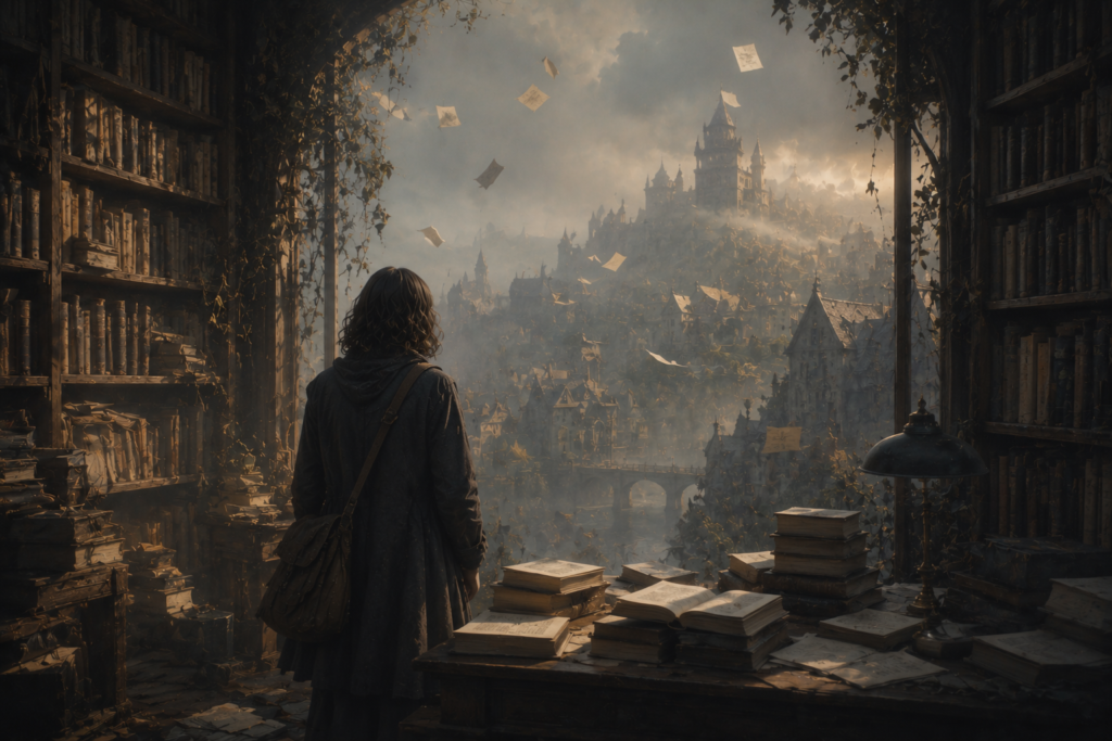 A calm fantasy library scene with floating papers, foggy city towers, and a cinematic magical atmosphere.