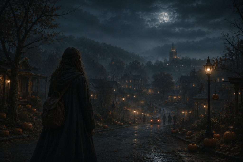 A cinematic fantasy Halloween village with glowing pumpkins, misty streets, and a quiet traveler inspired by The Curse of Bridge Hollow.