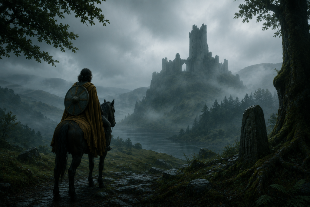 lonely knight on horseback facing a ruined castle in a dark misty fantasy landscape inspired by atmospheric medieval fantasy worlds