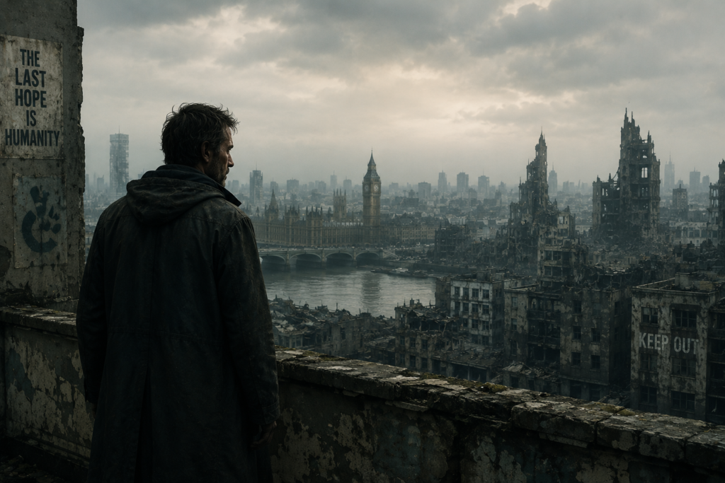 quiet dystopian city inspired by Children of Men with a lone man overlooking a collapsing future cityscape