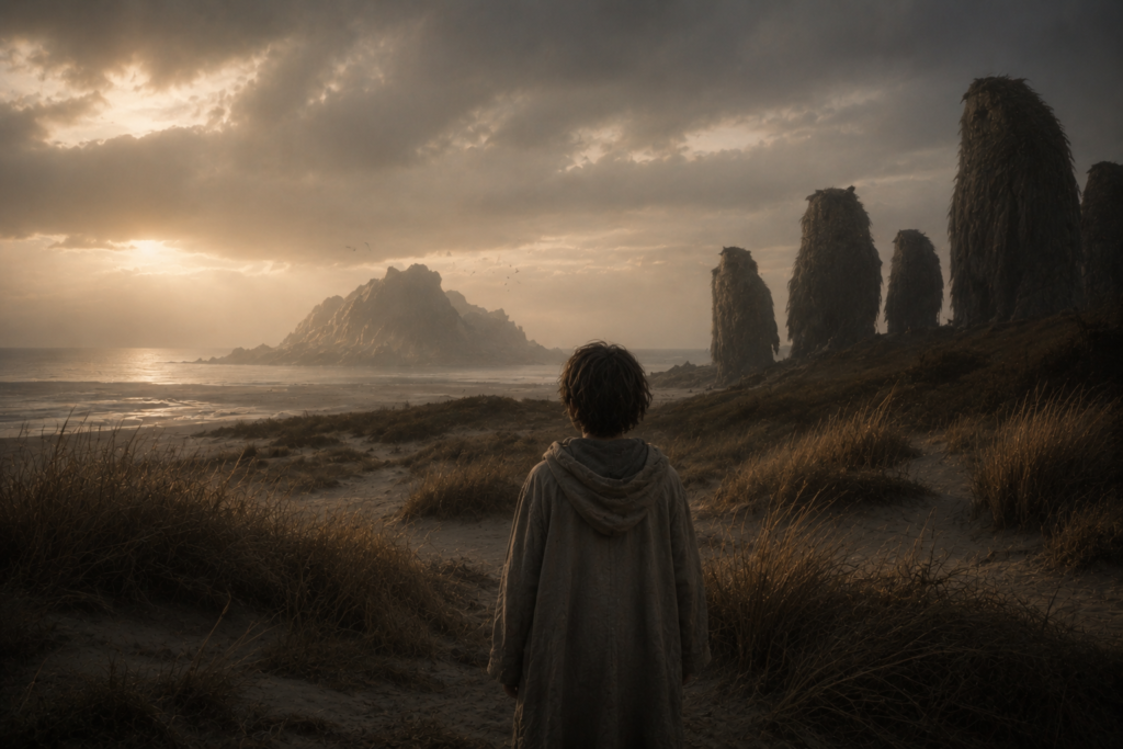 A quiet fantasy coastline with distant towering creatures and a calm cinematic atmosphere.