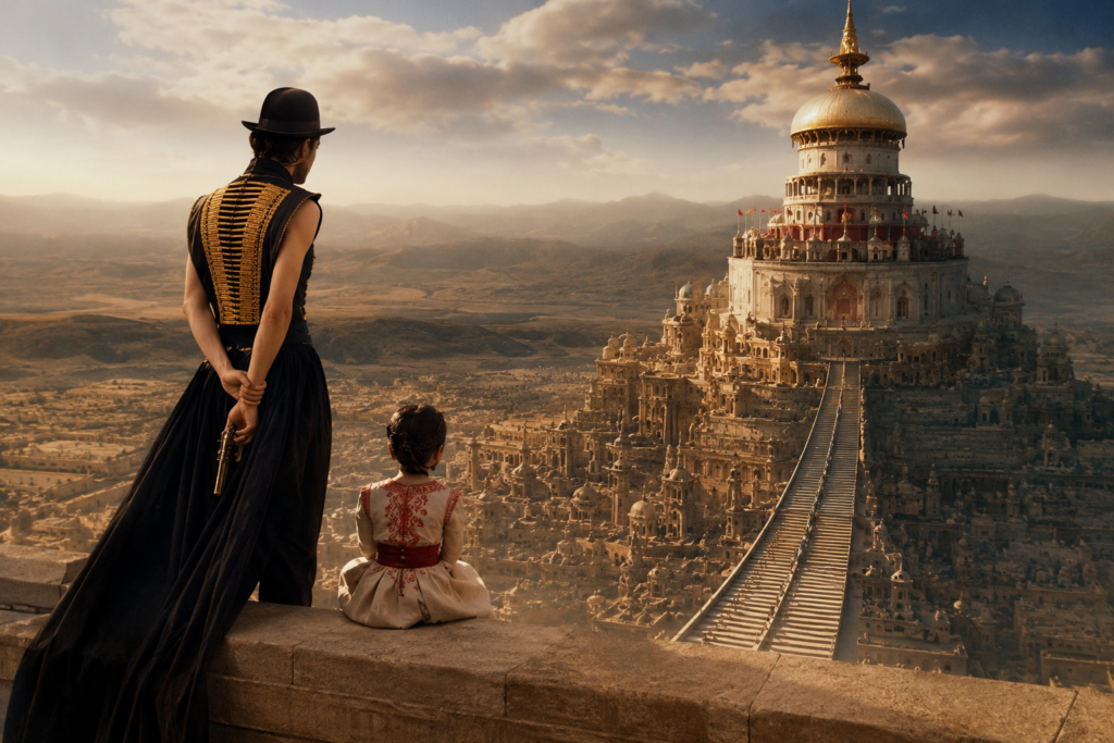 quiet fantasy landscape inspired by The Fall with surreal architecture and cinematic atmosphere