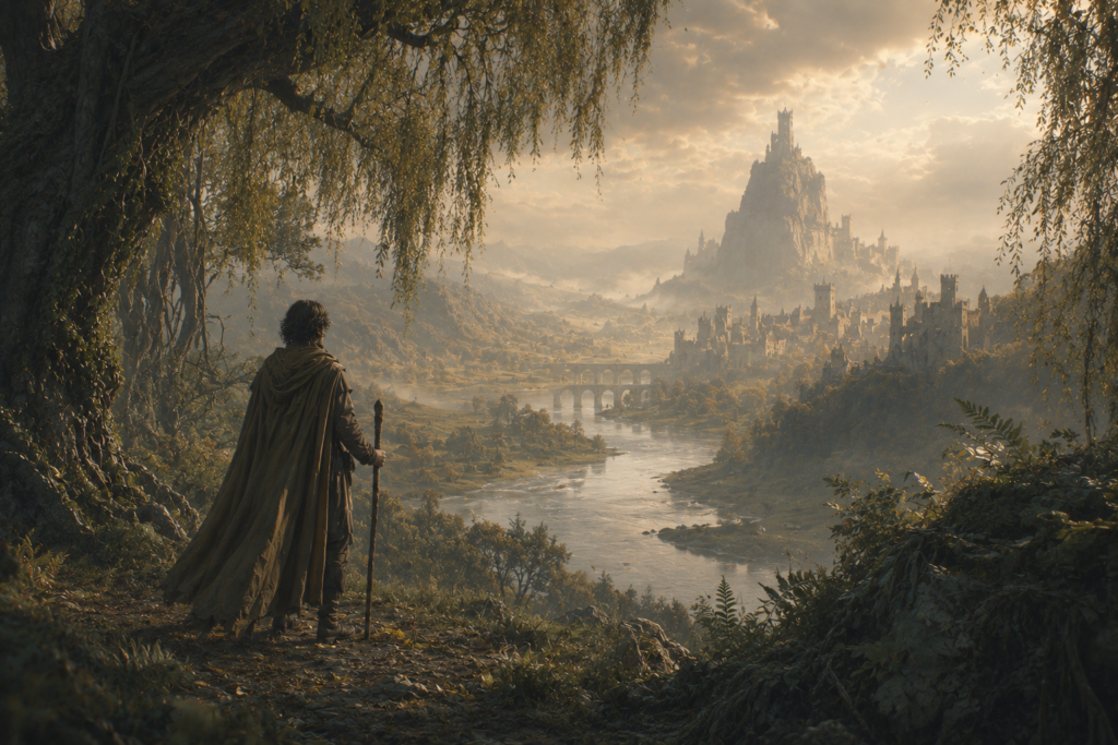 A cinematic fantasy landscape with ancient castles, soft golden fog, a winding river valley, and a lone traveler standing beneath large trees in a calm immersive world.