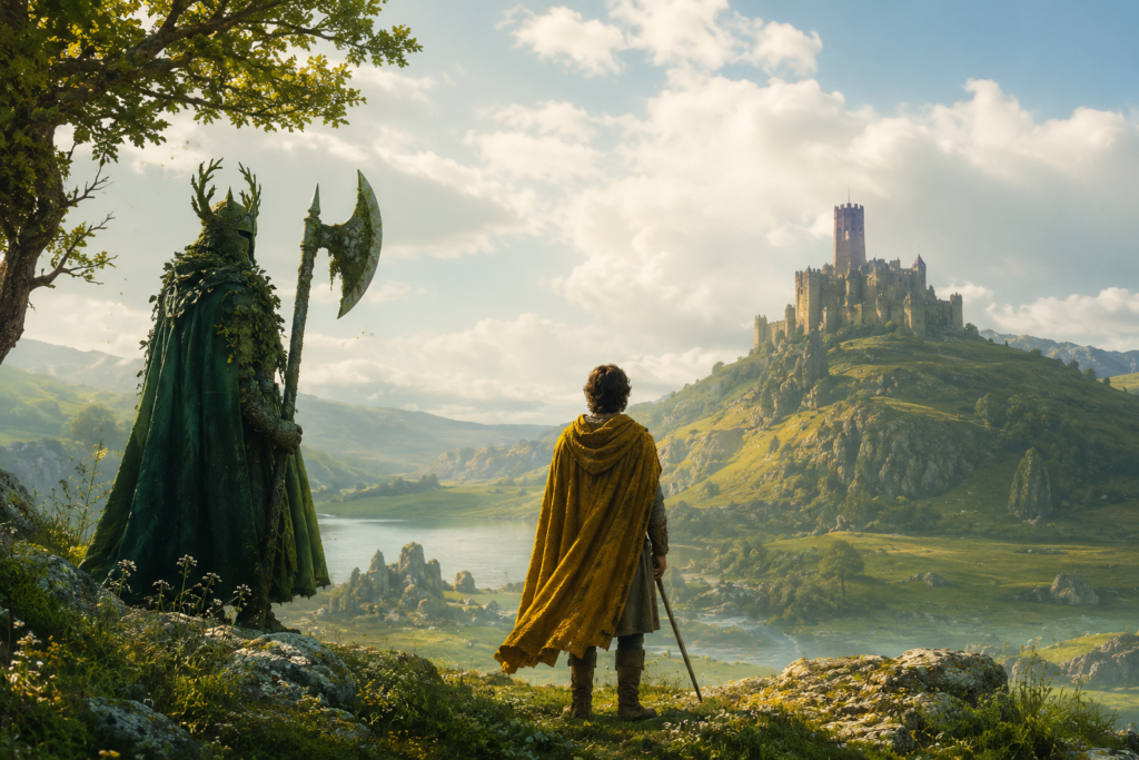 quiet medieval fantasy landscape inspired by The Green Knight with a lone knight and ancient castle