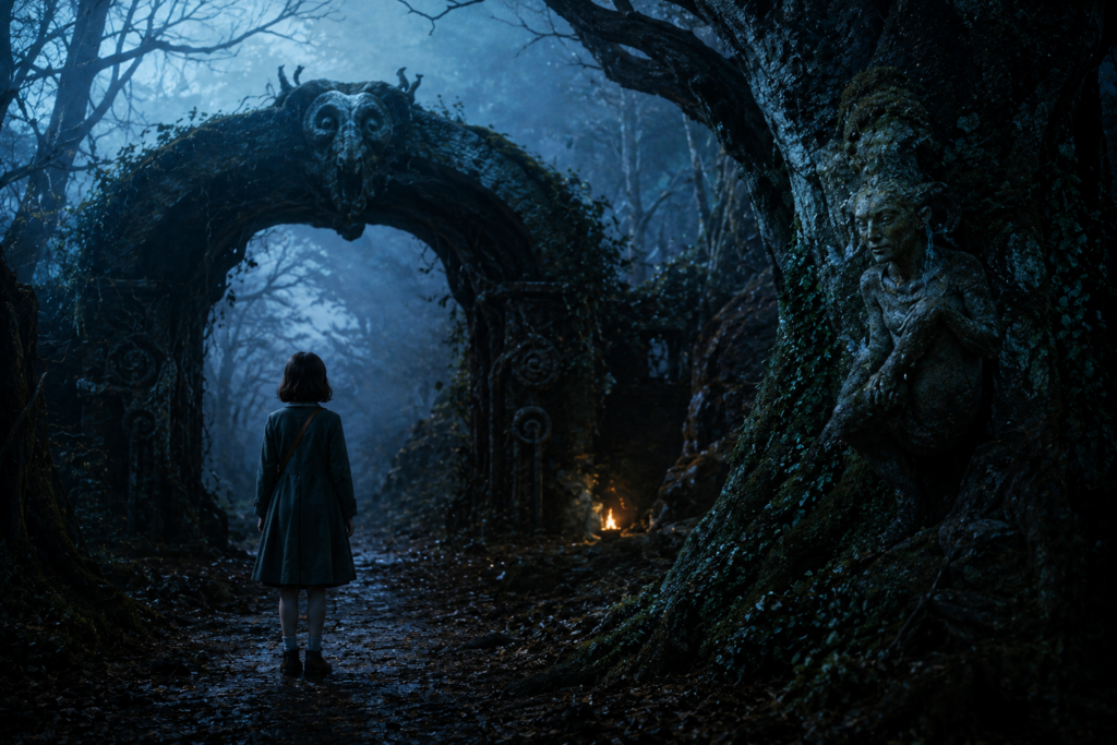 dark fantasy forest atmosphere with mysterious ancient labyrinth mood