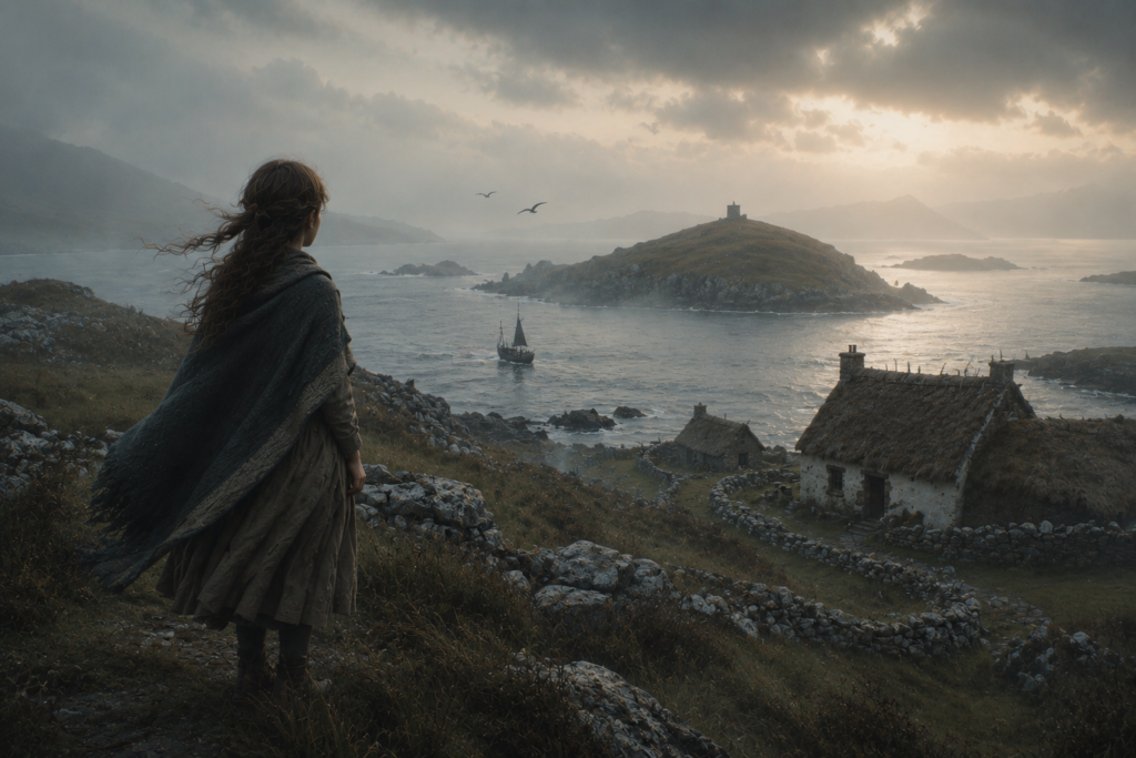 A calm fantasy seaside village with misty cliffs, distant island ruins, and a cinematic atmospheric mood inspired by quiet fantasy worlds.