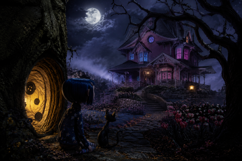 dark cozy fantasy house with a glowing hidden doorway under a moonlit night sky