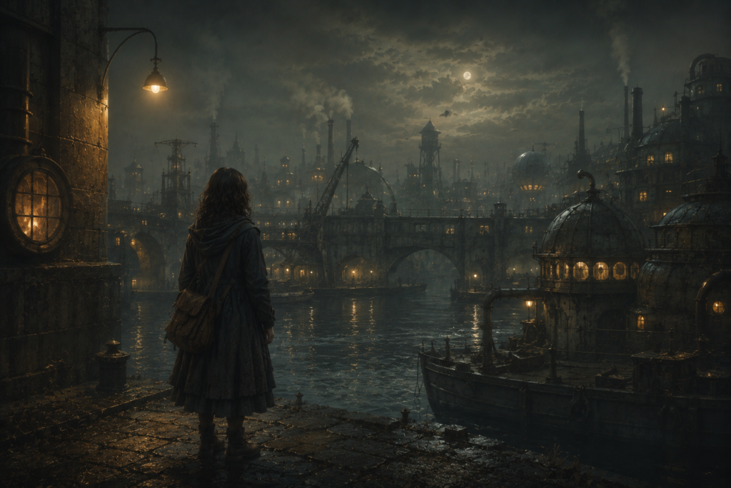 A dark fantasy harbor city with foggy canals, old industrial buildings, and a calm cinematic atmosphere.
