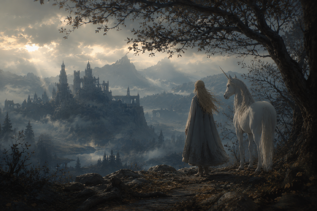 A quiet fantasy landscape with a lone traveler, a white unicorn, distant castle ruins, and a soft cinematic atmosphere inspired by fading fairy-tale worlds.