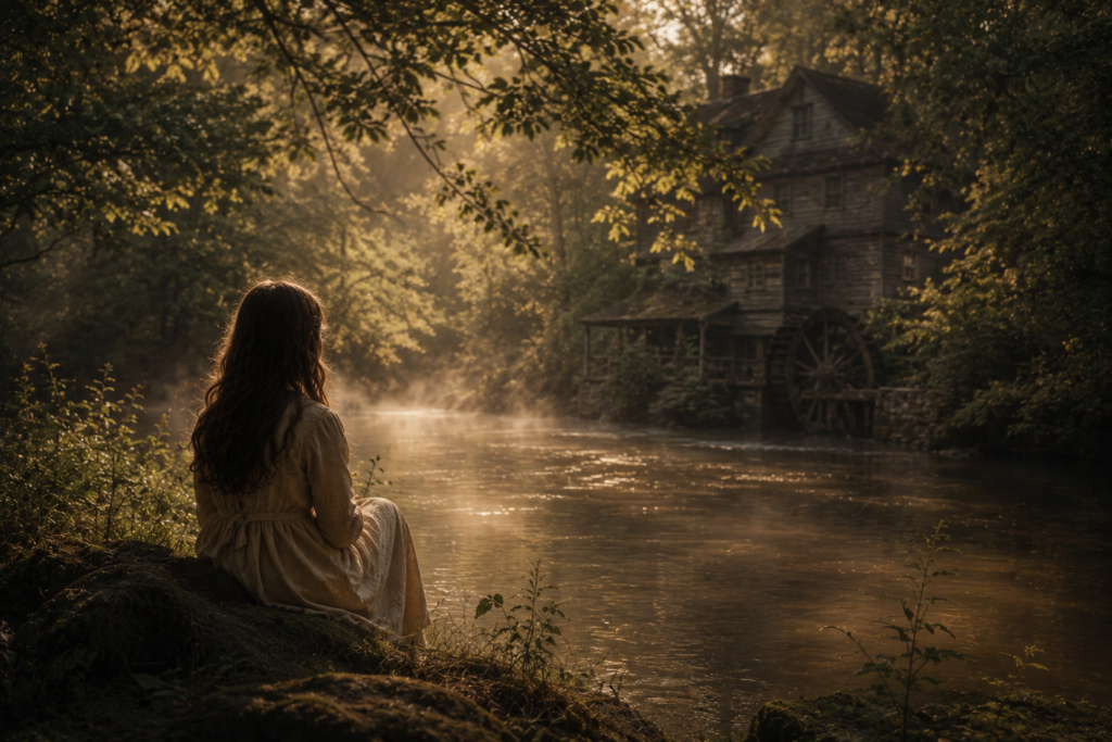 A warm quiet fantasy riverside with soft golden light, old wooden buildings, and a calm cinematic atmosphere.