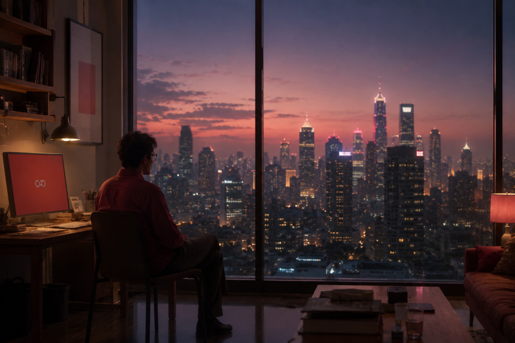 quiet futuristic city apartment with emotional nighttime atmosphere