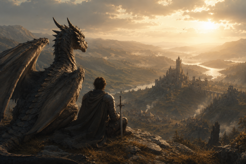 A medieval fantasy landscape with a lone knight, a distant dragon silhouette, ancient castle towers, and a calm cinematic atmosphere.