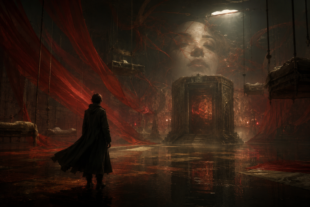 A surreal cinematic fantasy interior with flowing red fabric, shadowy reflections, and a lone traveler in a dark immersive atmosphere.