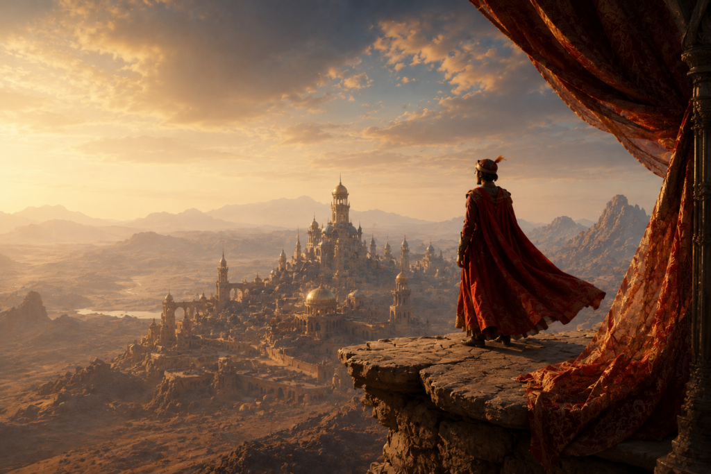 dreamlike fantasy desert kingdom with a lone figure in a red cloak overlooking a vast cinematic landscape inspired by quiet fantasy worlds