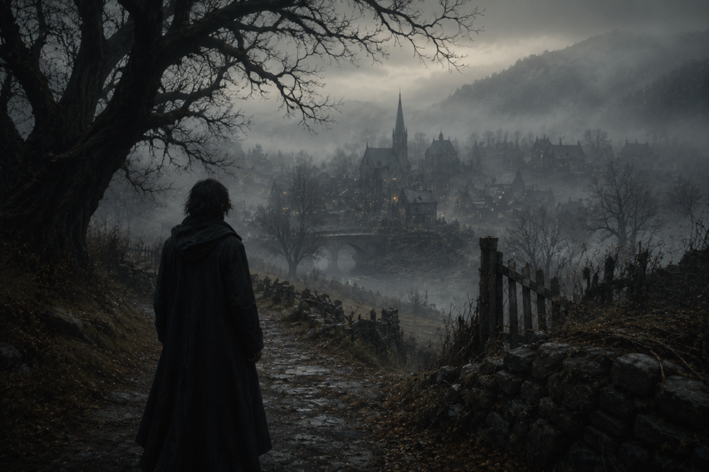 A dark fantasy village surrounded by fog, barren trees, and a calm gothic cinematic atmosphere.