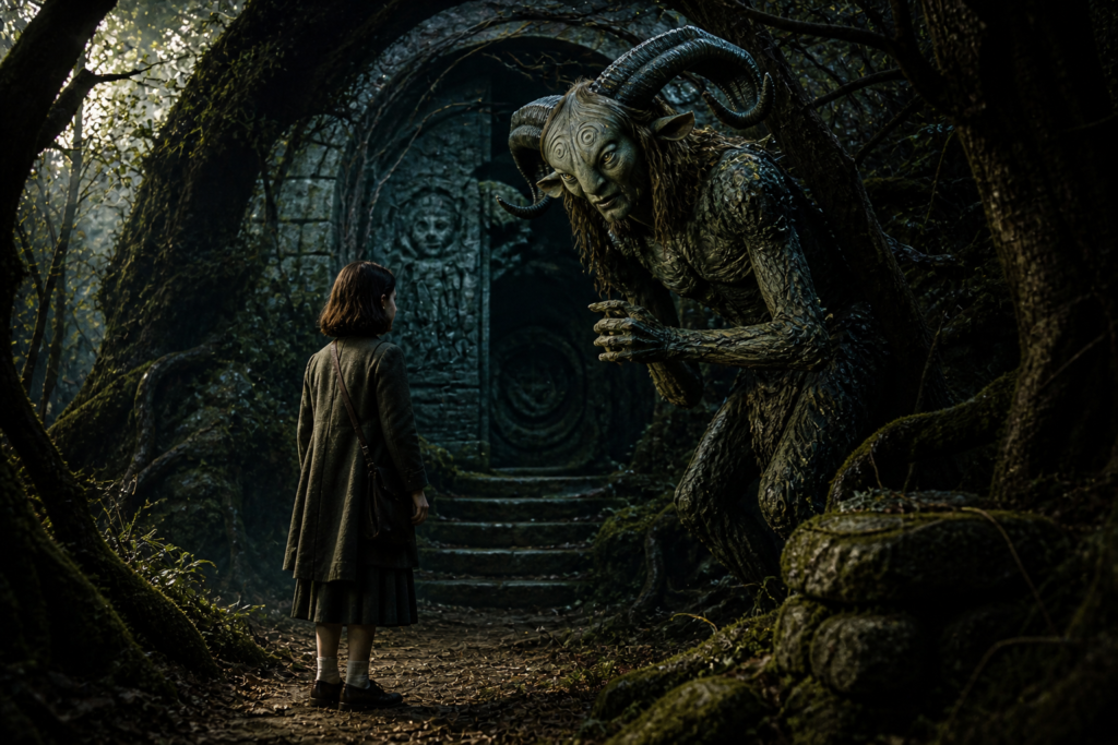dark fantasy forest with ancient stone ruins, a young girl facing a mysterious creature in a quiet and eerie atmosphere