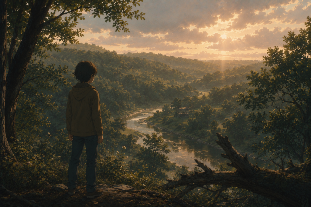 A quiet medieval fantasy landscape with a lone rider, a soaring hawk, distant castle towers, and a calm cinematic atmosphere inspired by timeless fantasy romance.