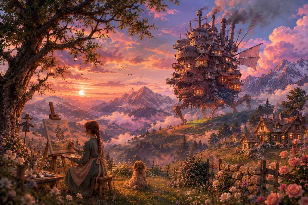 cozy fantasy landscape with a giant moving castle crossing mountains during a warm sunset