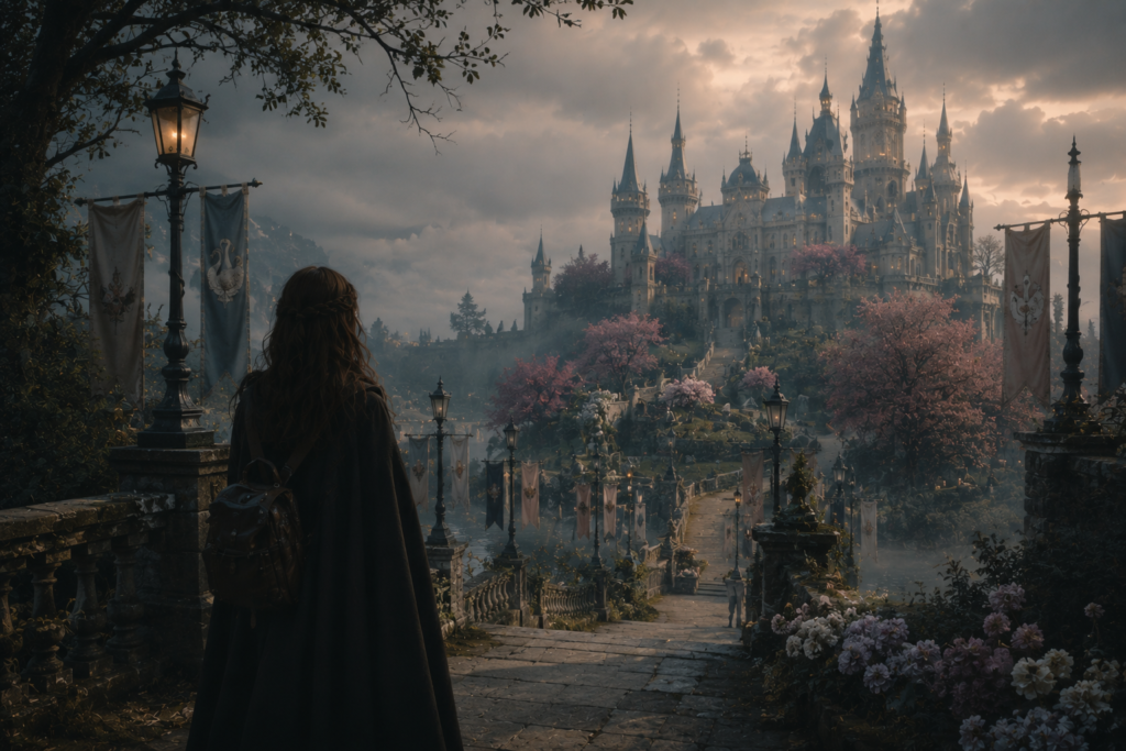 A cinematic fantasy landscape with a distant magical school, misty gardens, and a quiet traveler inspired by The School for Good and Evil.