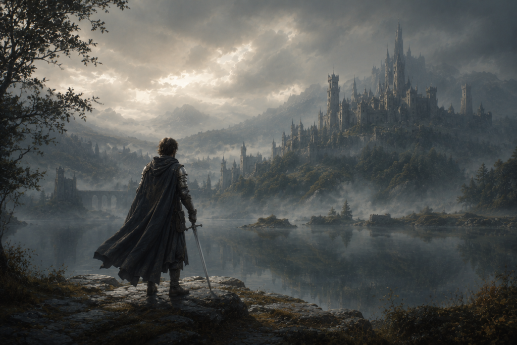 A medieval fantasy kingdom surrounded by misty lakes, ancient castles, and a lone knight in a calm cinematic atmosphere inspired by Arthurian legend.