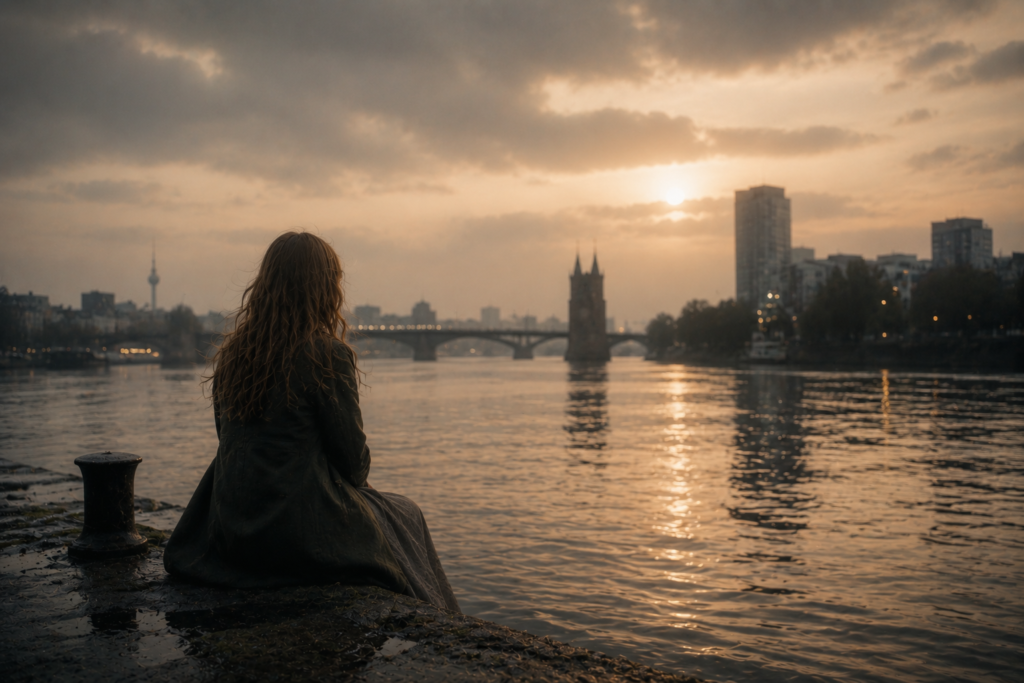 A calm fantasy coastline with misty water, muted light, and a quiet cinematic atmosphere inspired by Irish folklore.