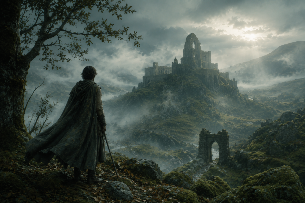 A quiet dark fantasy landscape with moss-covered ruins, distant castle remains, and a lone traveler in a calm cinematic atmosphere inspired by medieval folklore.