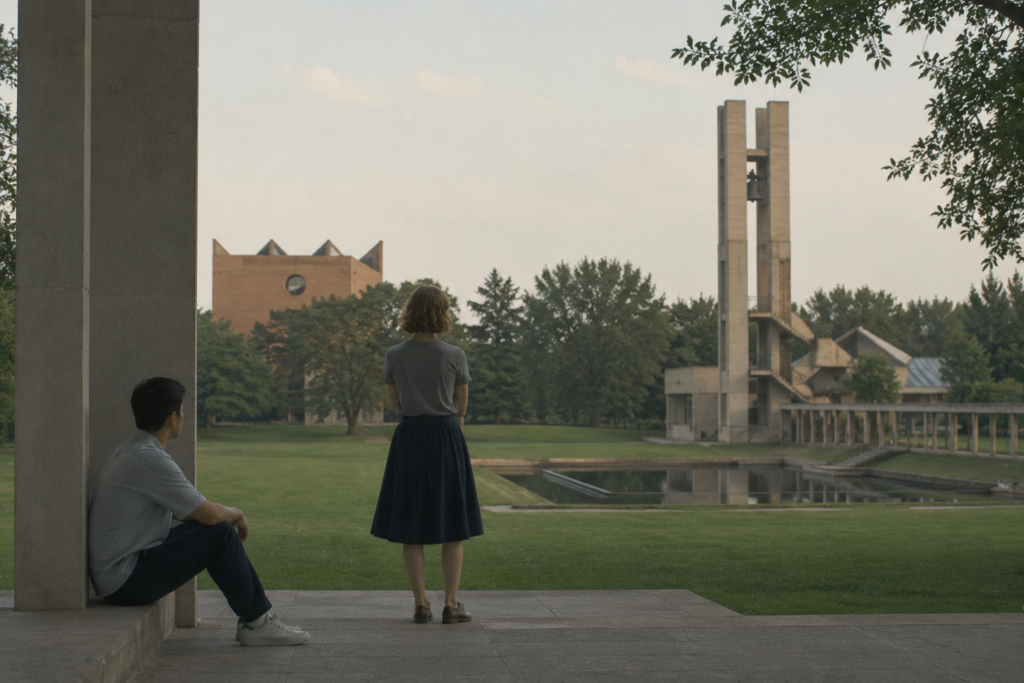 minimal cinematic architecture scene inspired by Columbus with calm atmosphere and reflective mood