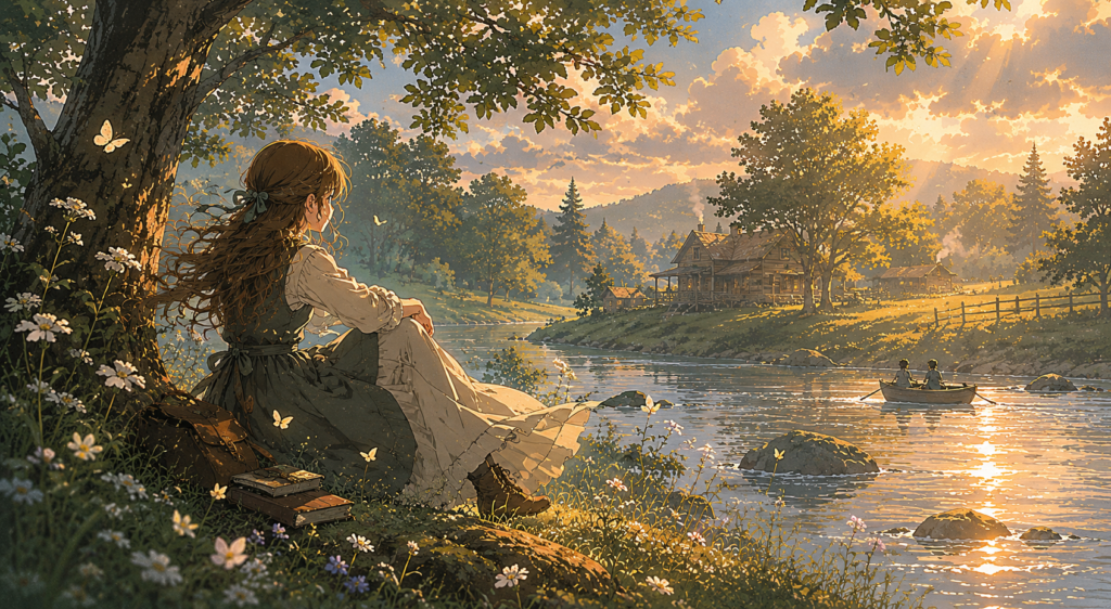 A quiet fantasy riverside landscape with warm golden light, a solitary traveler, and a timeless countryside atmosphere inspired by healing fantasy stories.