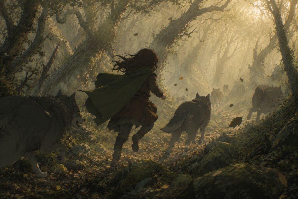 A quiet fantasy forest with a lone traveler running beside a wolf pack through misty woodland, surrounded by soft cinematic light and a calm folkloric atmosphere.