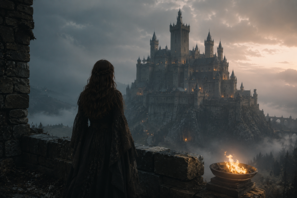 A dark fantasy landscape with a distant stone castle, soft fog, and a quiet traveler in a cinematic atmosphere inspired by fantasy movies like Damsel.