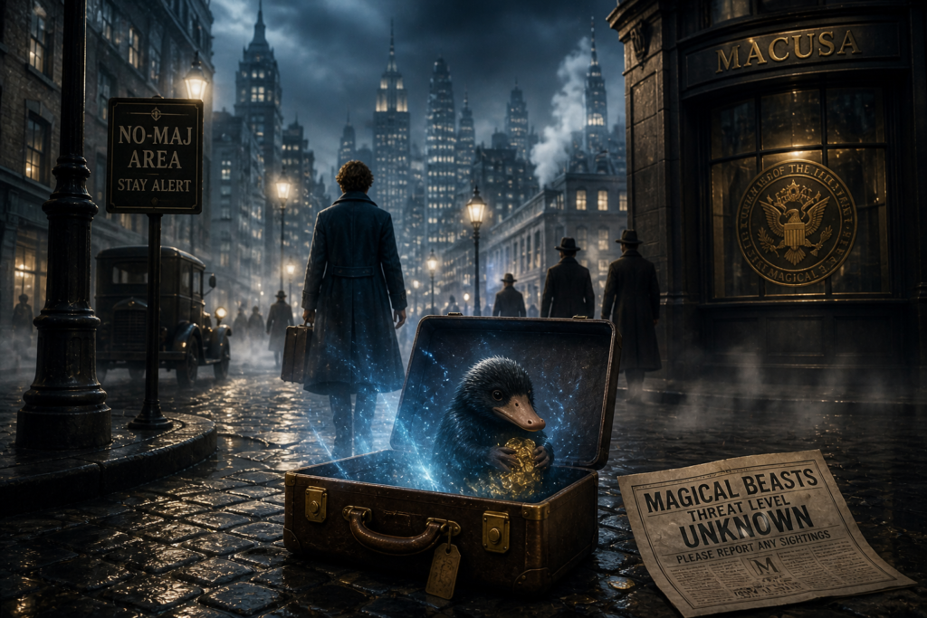 dark magical city street with glowing suitcase and hidden creature in a quiet fantasy world