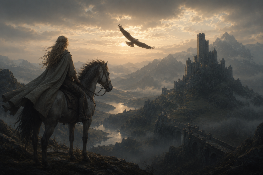 A quiet medieval fantasy landscape with a lone rider, a soaring hawk, distant castle towers, and a calm cinematic atmosphere inspired by timeless fantasy romance.